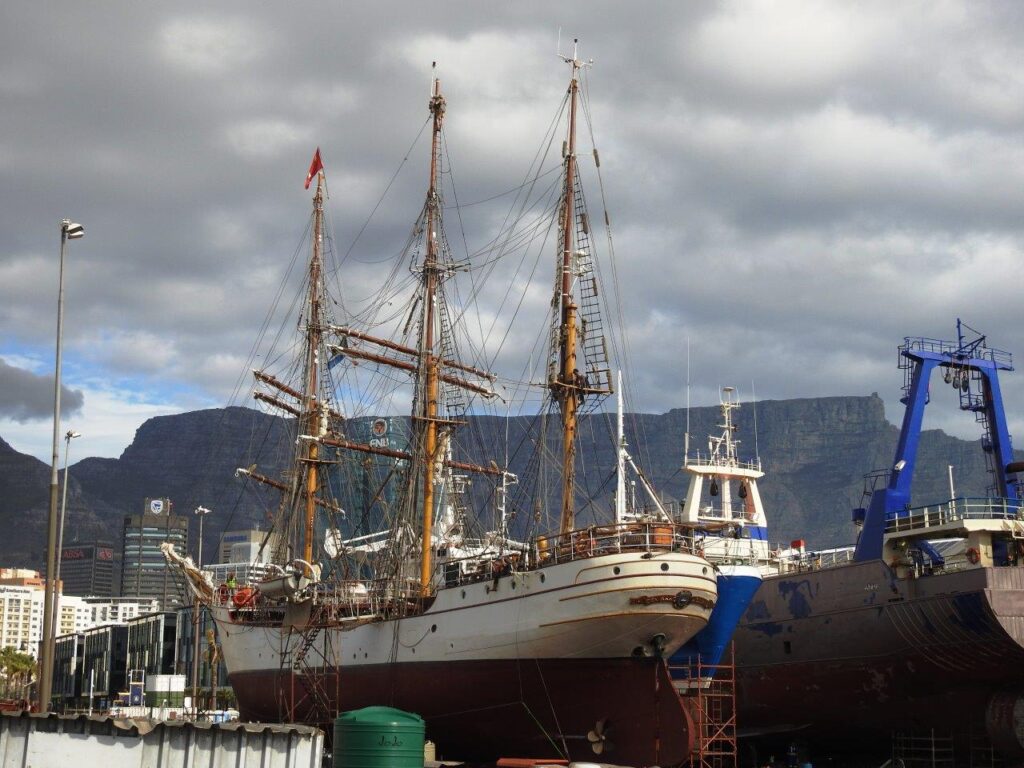 Europa Barque sailing ship in dry dock in Cape Town with Table Mountain in the background