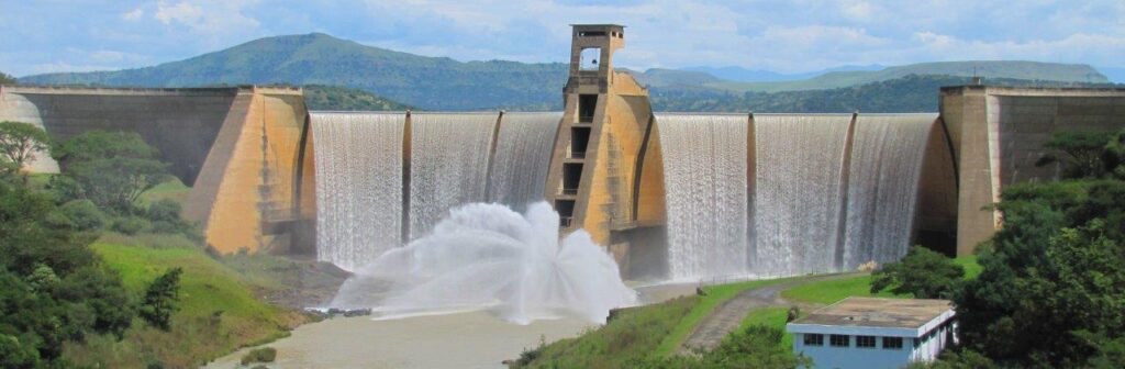 Wagendrift Dam on the Bushmans River near Estcourt with strong water flowing through the spillway